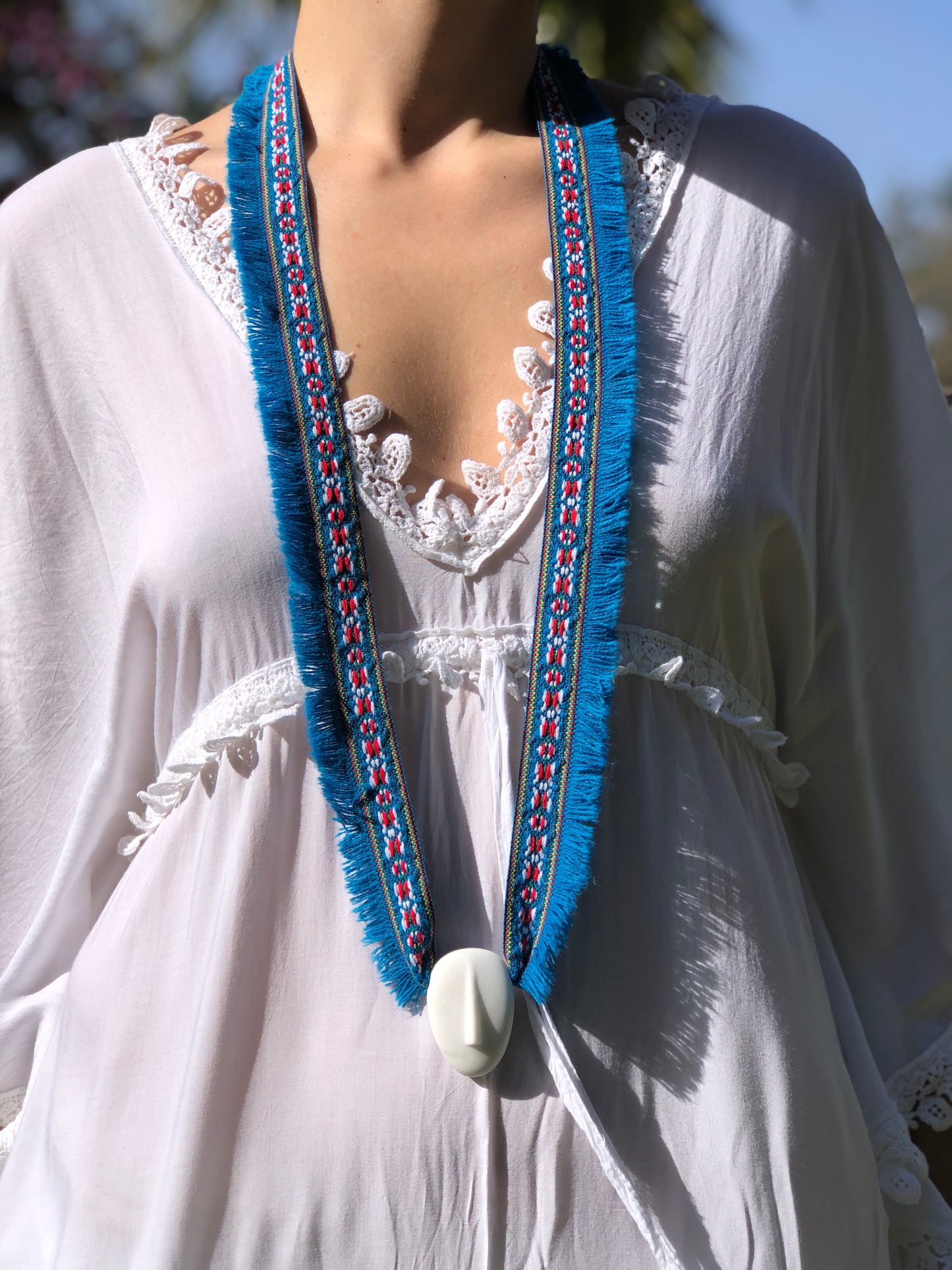 DIMITRA - Cycladic idol | Marble & Blue Ribbon Braid Necklace