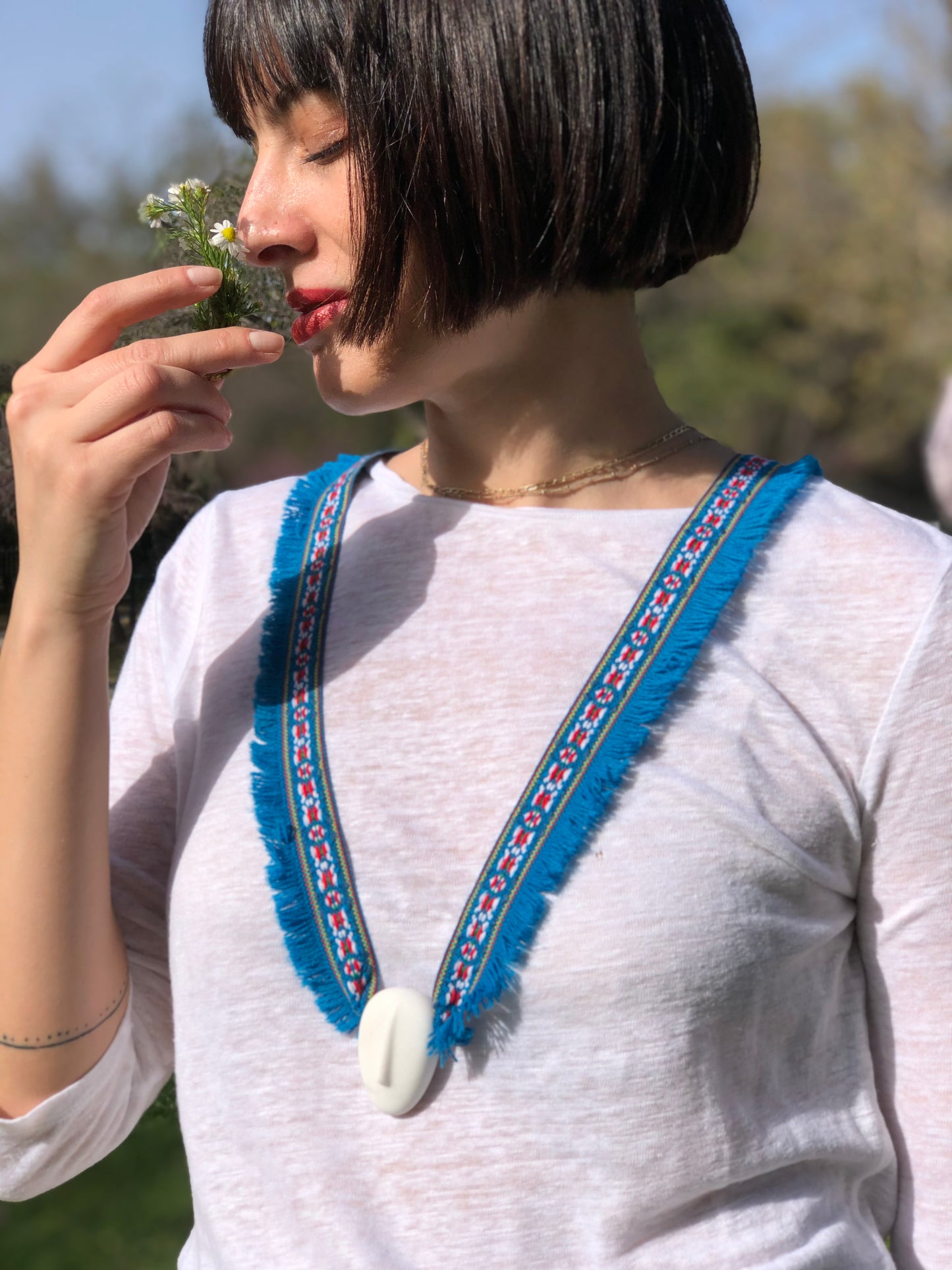 DIMITRA - Cycladic idol | Marble & Blue Ribbon Braid Necklace