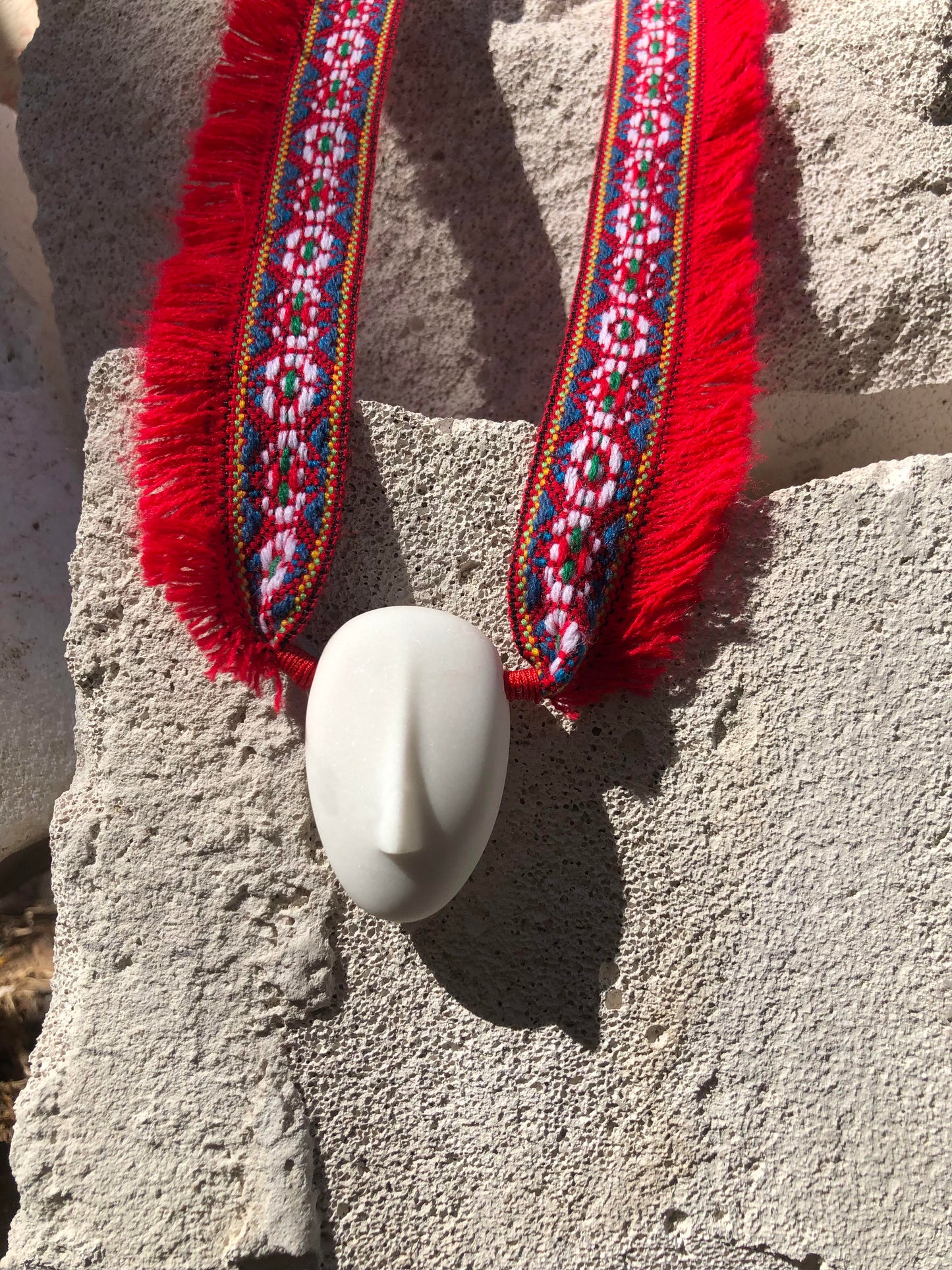 CASSANDRA - Cycladic idol | Marble & Red Ribbon Braid Necklace