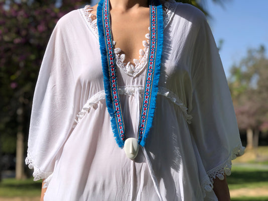 DIMITRA - Cycladic idol | Marble & Blue Ribbon Braid Necklace